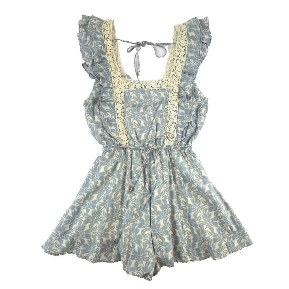 Gypsy and Gold Crochet Lace Flutter Sleeve Floral Romper Coquette Cottage M
